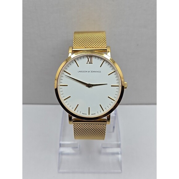 Larsson Jennings Lugano 40mm Gold Mesh White Dial Swiss Quartz New Battery 5 ATM - Picture 1 of 9